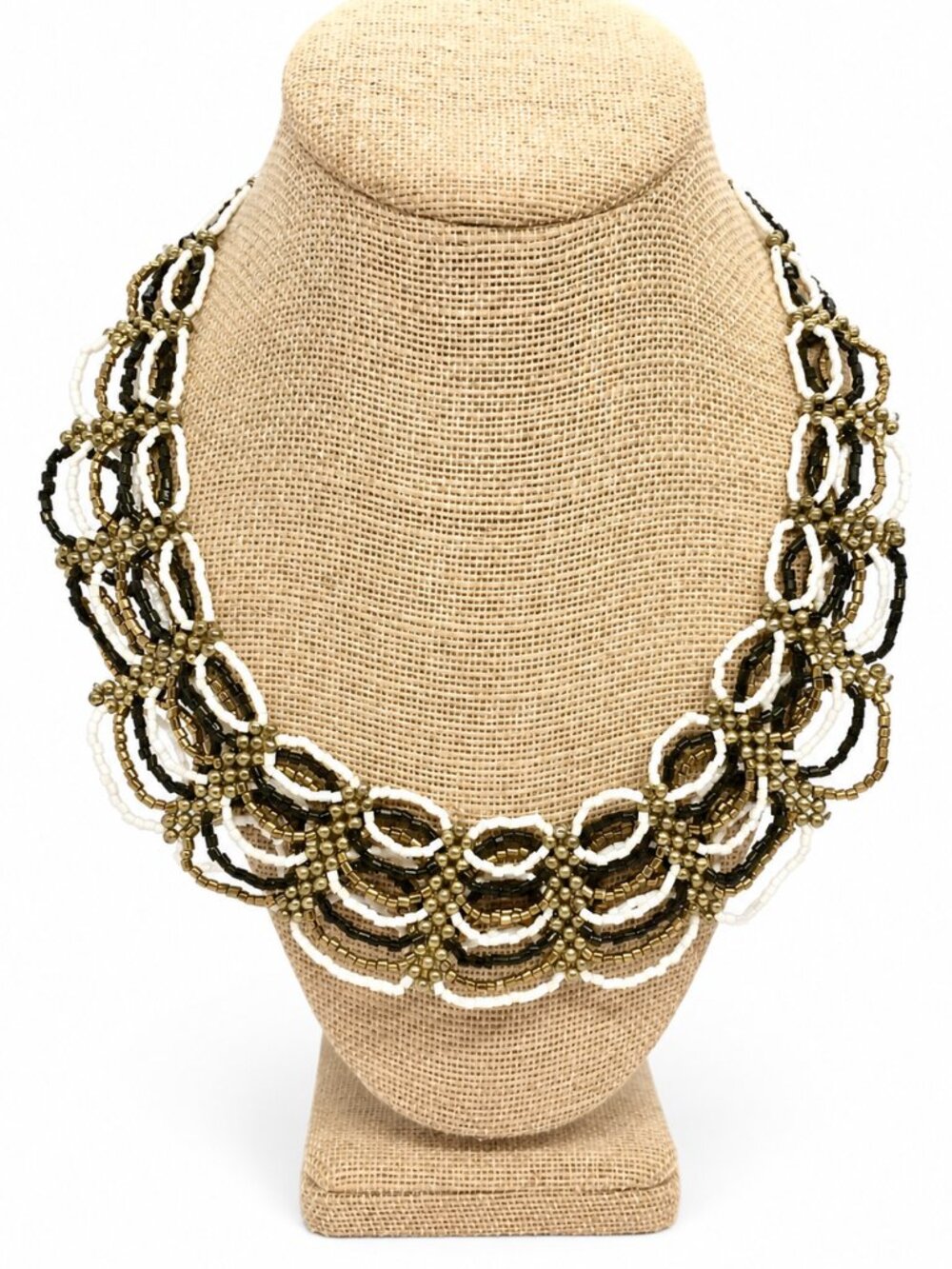 CHUNKY BEADED NECKLACE Black White Gold Scallop Bib Cleopatra Collar
